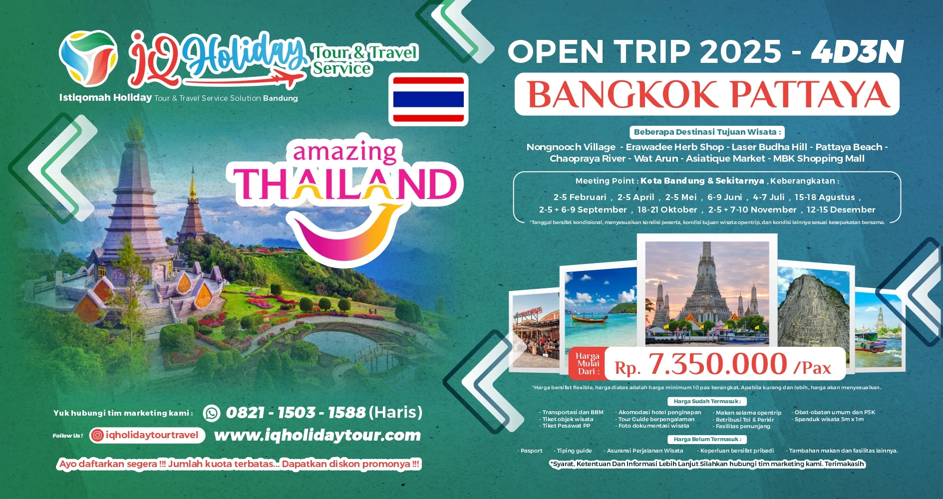 Open Trip Bangkok Pattaya 4 Hari 3 Malam menampilkan destinasi Nongnooch Village, Wat Arun, dan Pattaya Beach beserta info fasilitas paket wisata