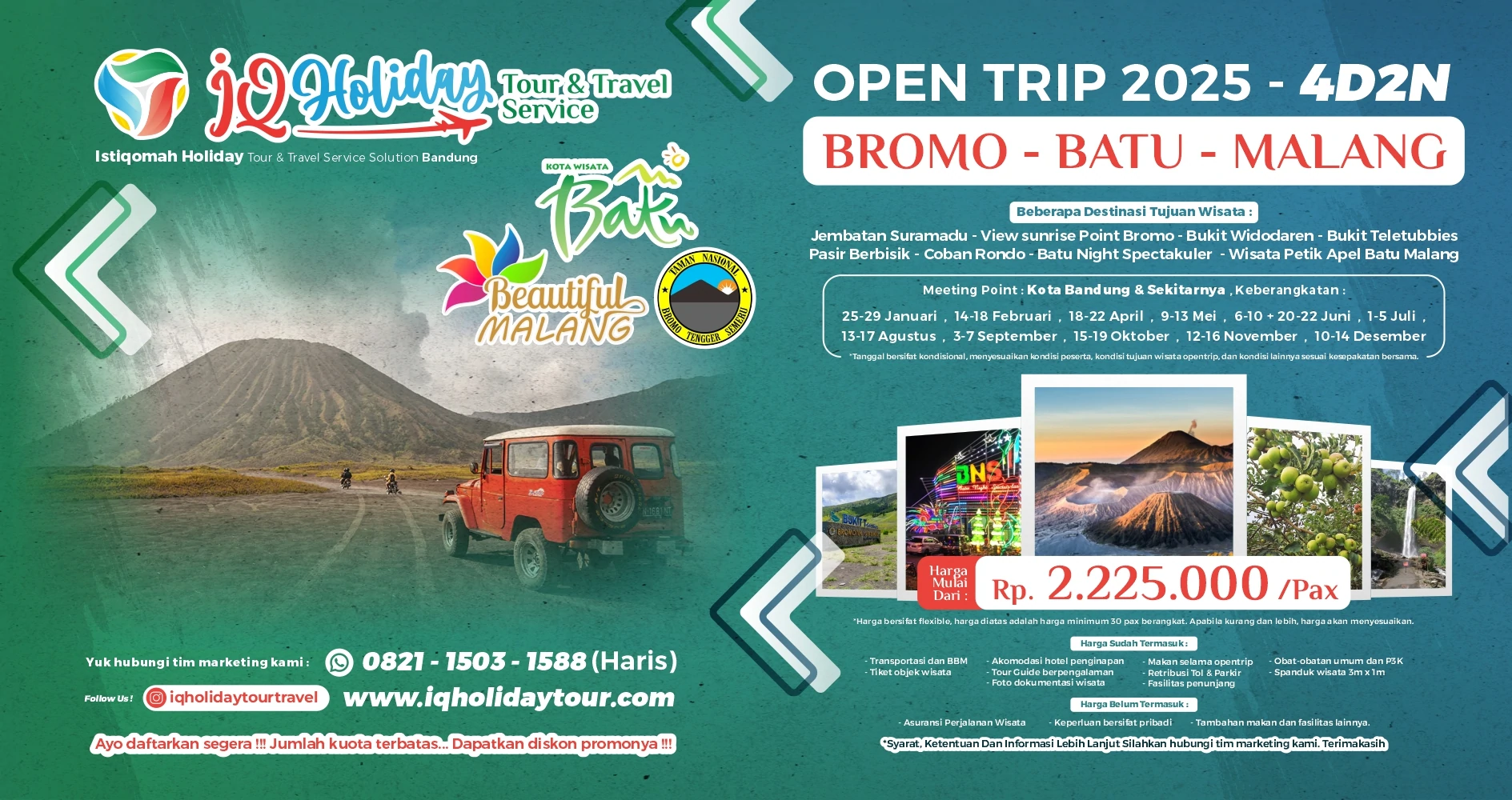 Poster promo Open Trip Bromo Batu Malang 4 hari 2 malam, menampilkan pemandangan Gunung Bromo, jeep wisata, info harga paket, jadwal keberangkatan, dan fasilitas perjalanan.