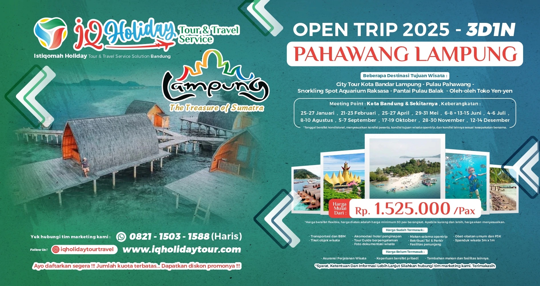 Open Trip Pahawang Lampung 3 Hari 1 Malam, menampilkan info itinerary, harga paket, aktivitas snorkeling, island hopping, city tour, serta jadwal keberangkatan.