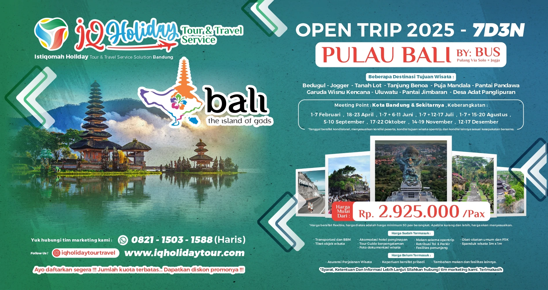 Open Trip Bali by Bus 7 Hari 3 Malam dengan info destinasi seperti Tanah Lot, Tanjung Benoa, Kuta, dan Uluwatu, serta fasilitas perjalanan lengkap