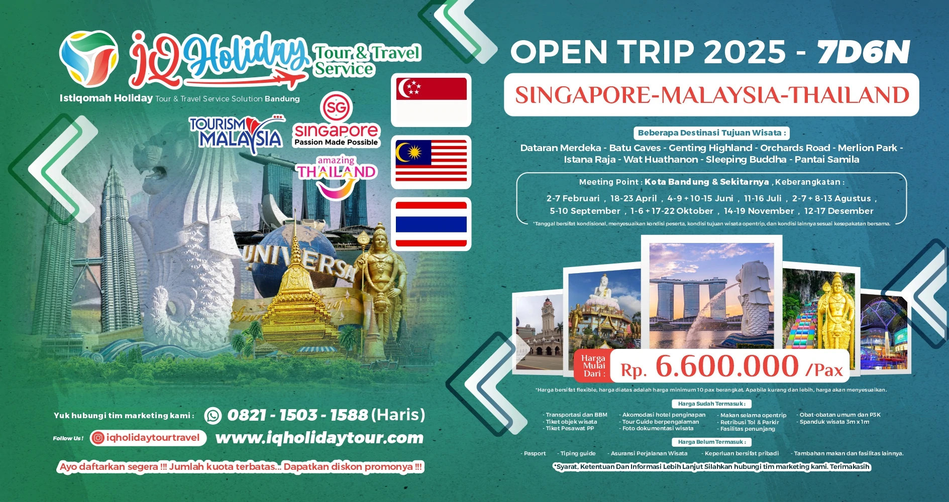 Open Trip Singapore Malaysia Thailand 7 Hari 6 Malam menampilkan landmark ikonik, city tour, Genting Highland, USS Singapore, dan Wat Huathanon
